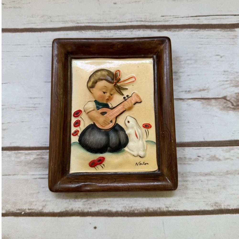 Napco Wall Plaques Brown Hummel Style Ceramic Relief Set of 2 5.25x4in